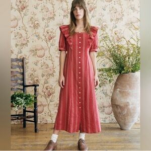 Christy Dawn The Darcy Dress Size XS in Hibiscus Zinnia Stripe Red Ruffle Cotton